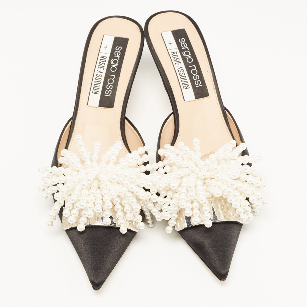 Sergio Rossi x Rosie Assoulin Black Satin Pearl Embellished Mules Size 39.5 - Picture 2 of 8